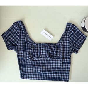 Pac Cares Blue Plaid Ruched Crop Top